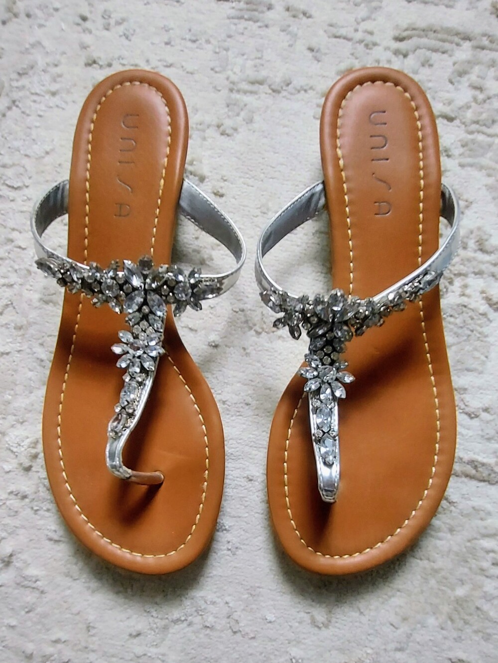 Unisa Silver Jeweled T-Strap Sandals